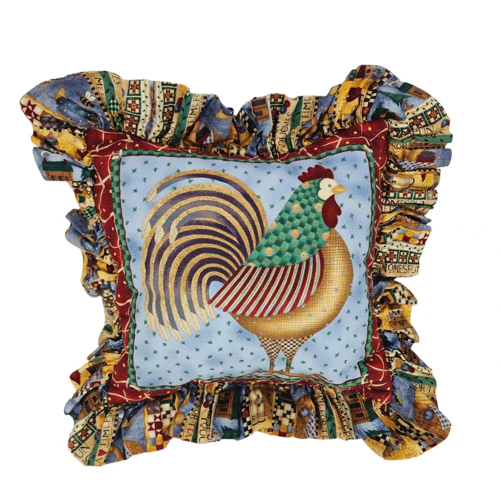 Rooster Throw Pillow Cover & Insert 18x18 inch Ruffle Edge Blue Red Green Bright